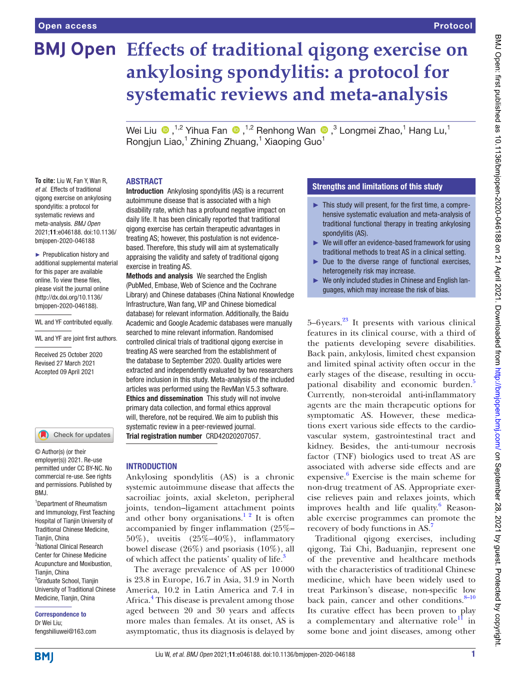 Effects of Traditional Qigong Exercise on Ankylosing Spondylitis: a Protocol for Systematic Reviews and Meta-Analysis­