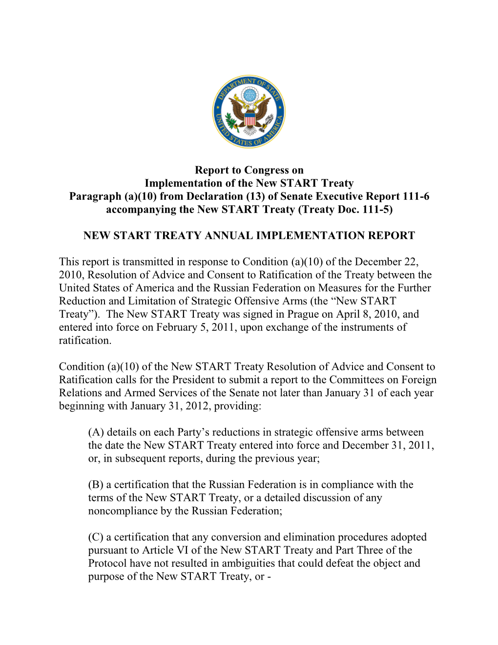 New Start Treaty Annual Implementation Report