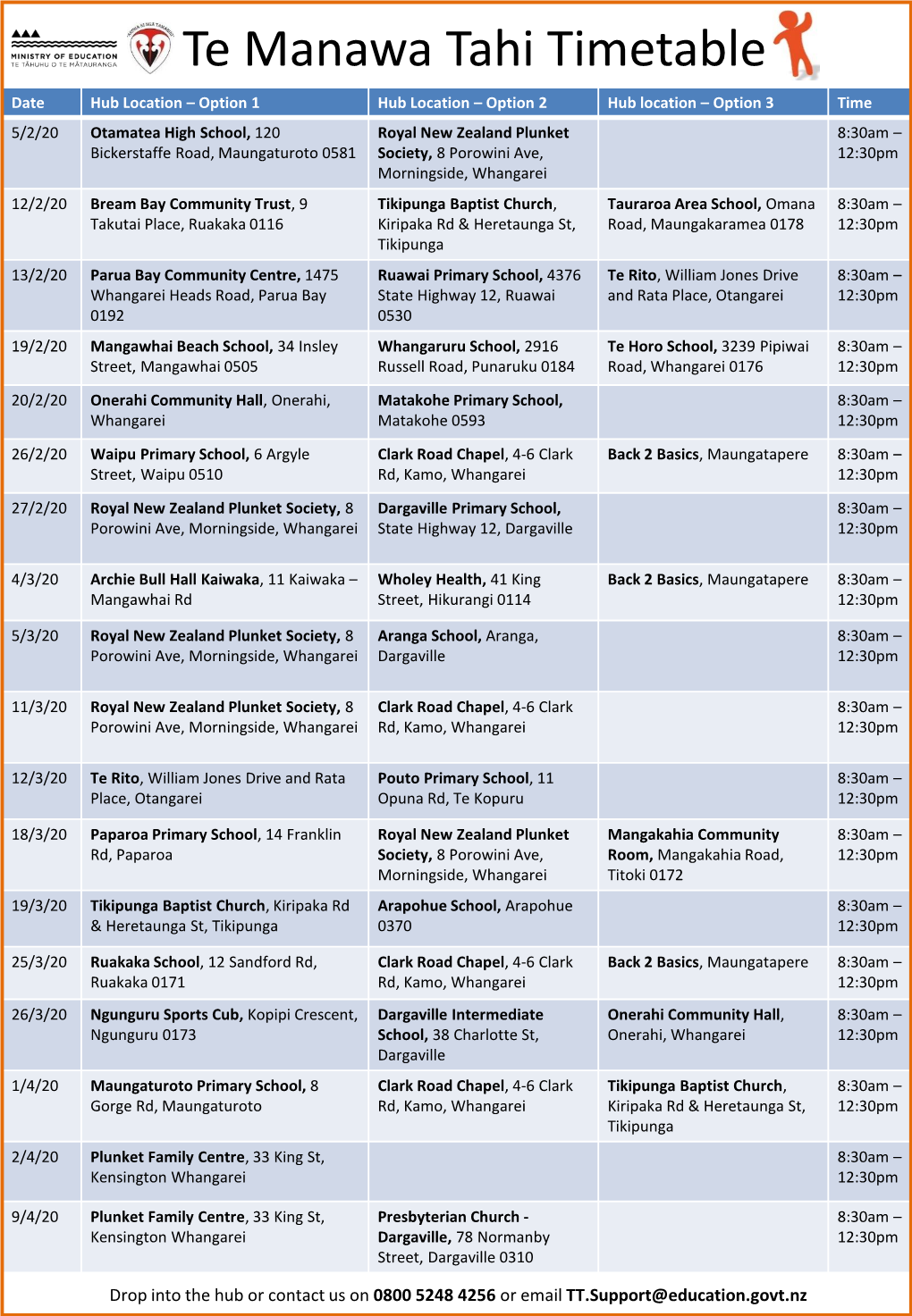 Te Manawa Tahi Timetable