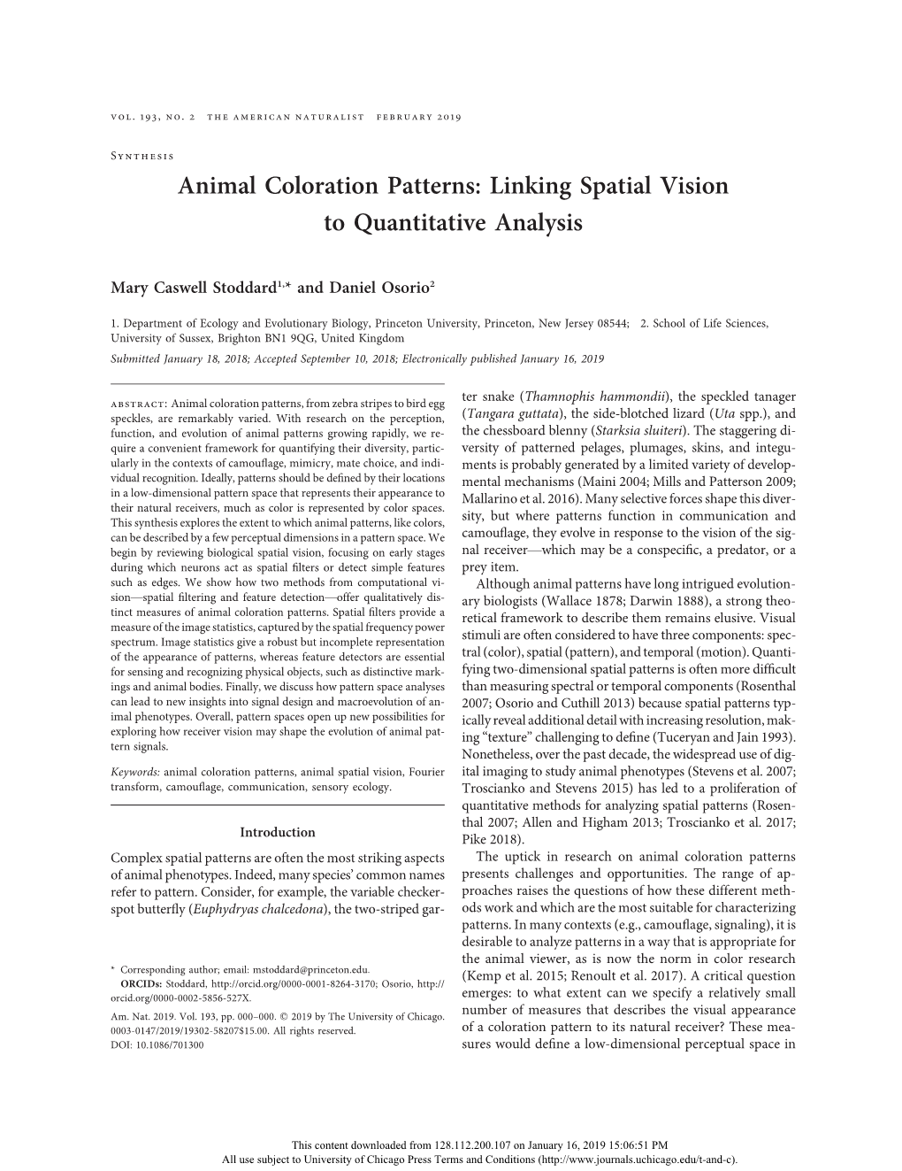 Animal Coloration Patterns: Linking Spatial Vision to Quantitative Analysis