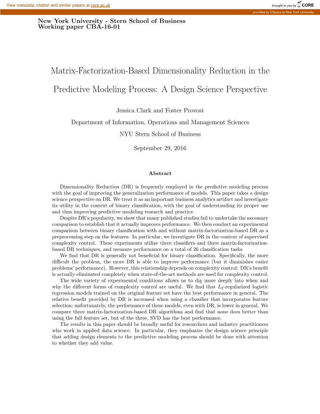 Matrix-Factorization-Based Dimensionality Reduction in the Predictive Modeling Process