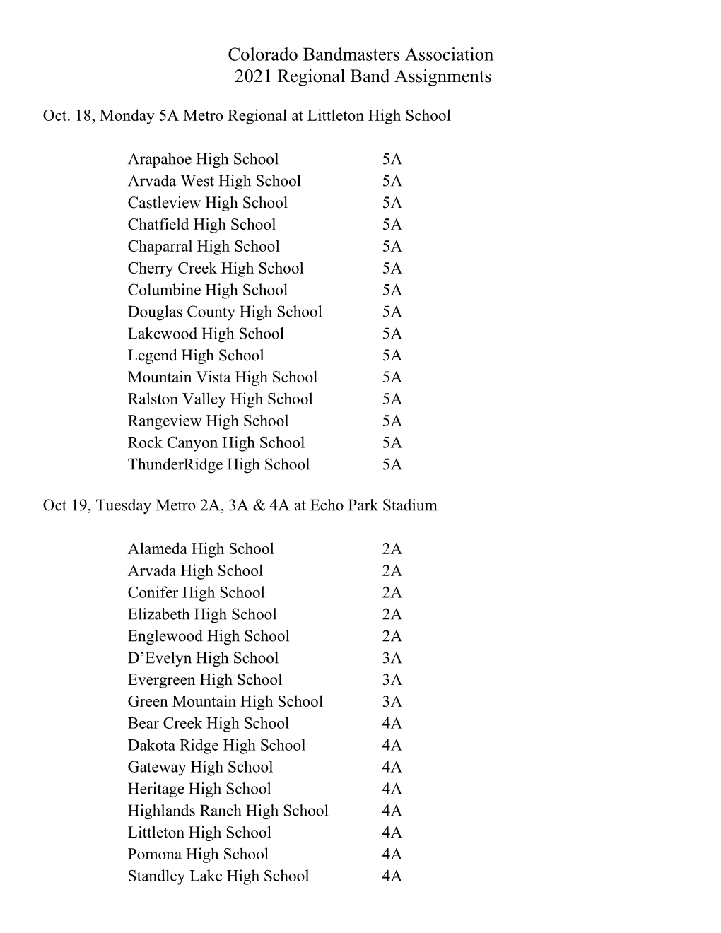 Colorado Bandmasters Association 2021 Regional Band Assignments