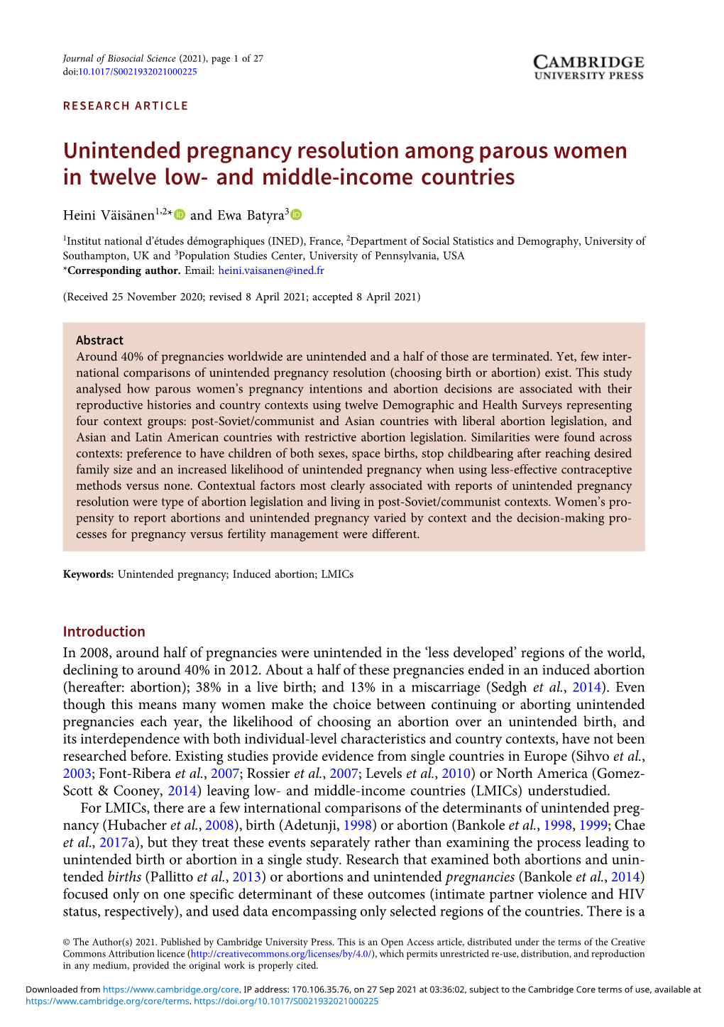 Unintended Pregnancy Resolution Among Parous Women in Twelve Low- and Middle-Income Countries