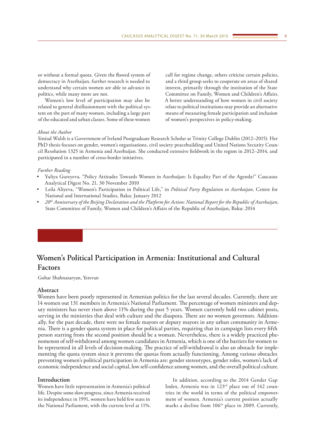 Women's Political Participation in Armenia: Institutional and Cultural Factors