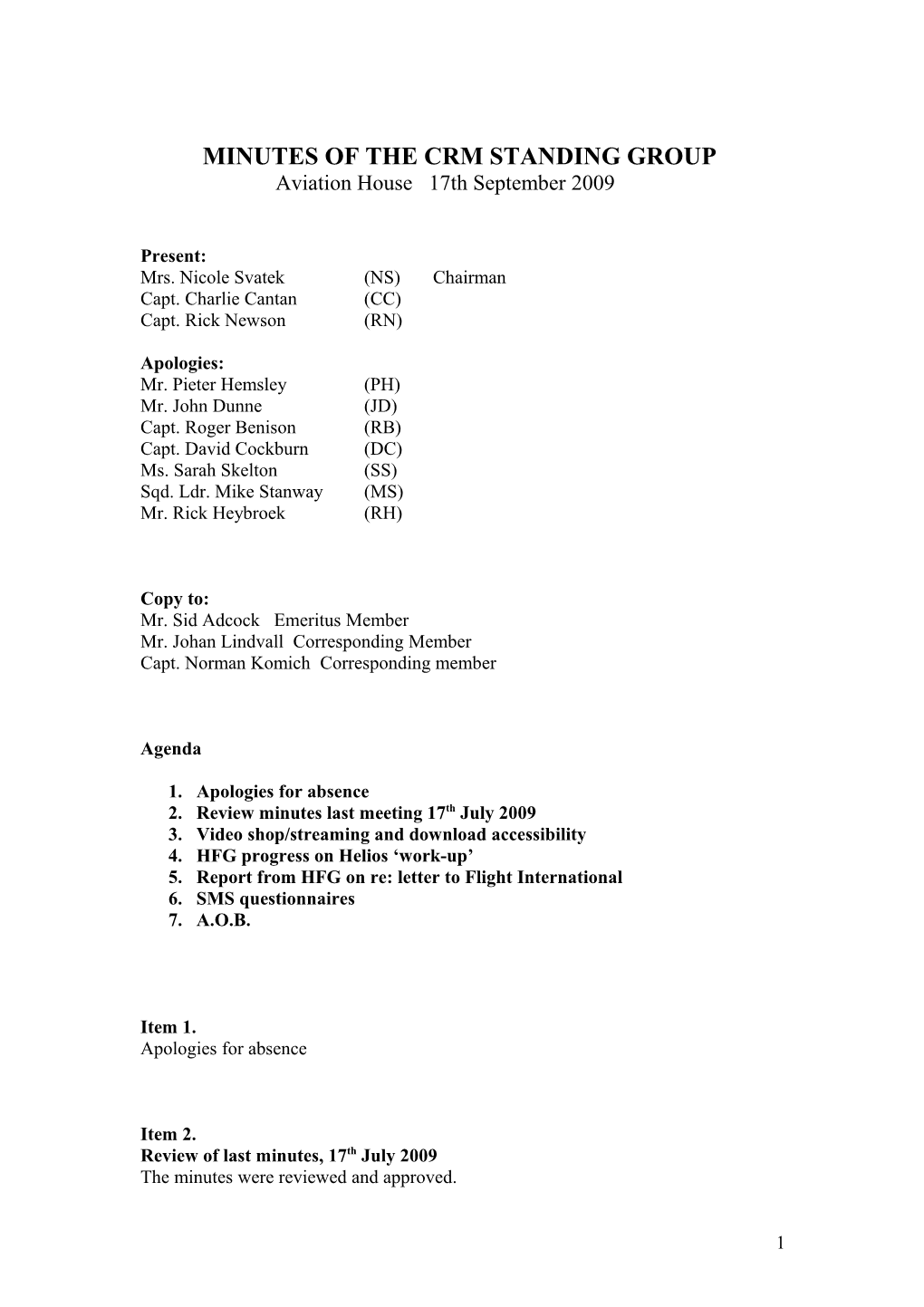 Minutes of the Crm Standing Group