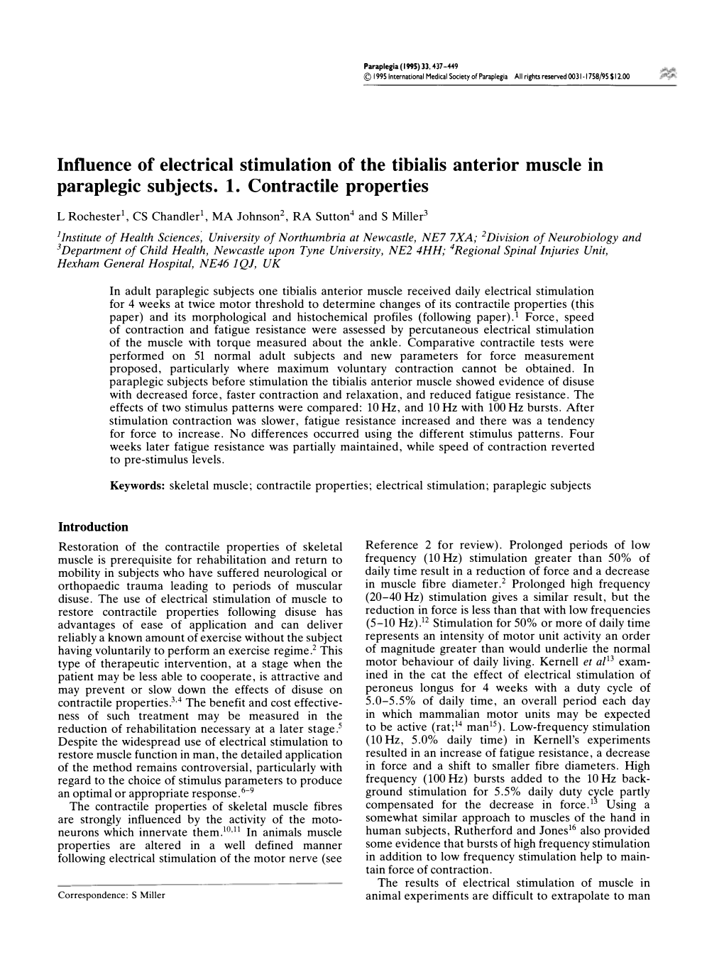 Influence of Electrical Stimulation of the Tibialis Anterior Muscle in Paraplegic Subjects. 1. Contractile Properties