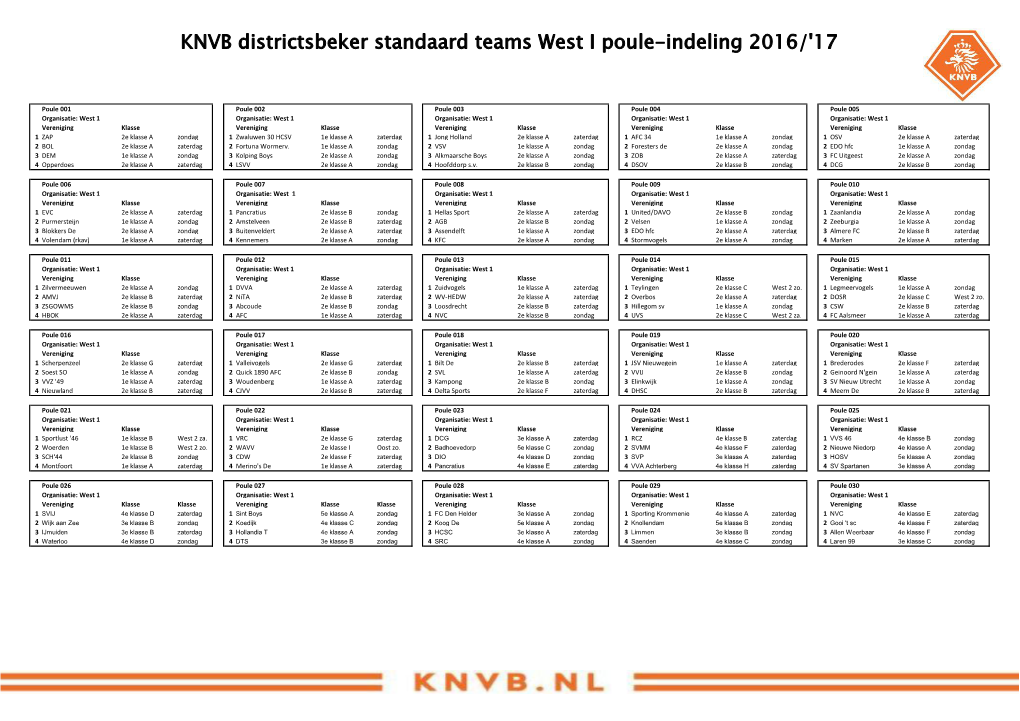 KNVB Districtsbeker Standaard Teams West I Poule-Indeling 2016/'17