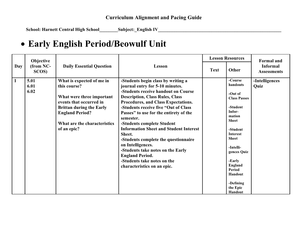 Curriculum Alignment and Pacing Guide