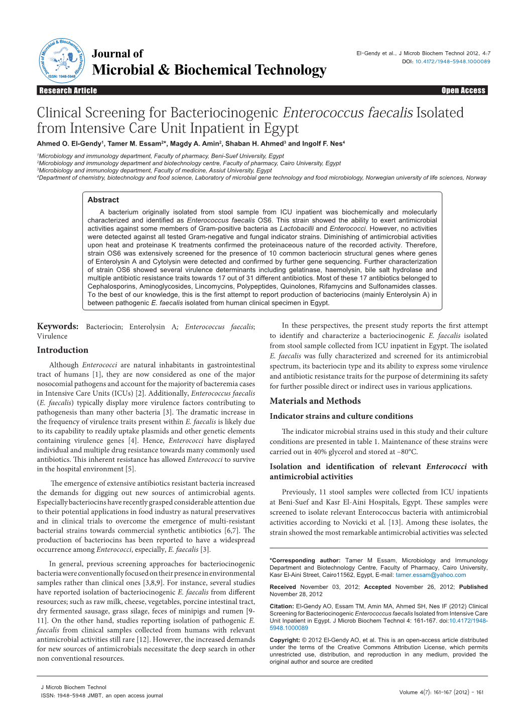 Clinical Screening for Bacteriocinogenic Enterococcus Faecalis Isolated from Intensive Care Unit Inpatient in Egypt Ahmed O