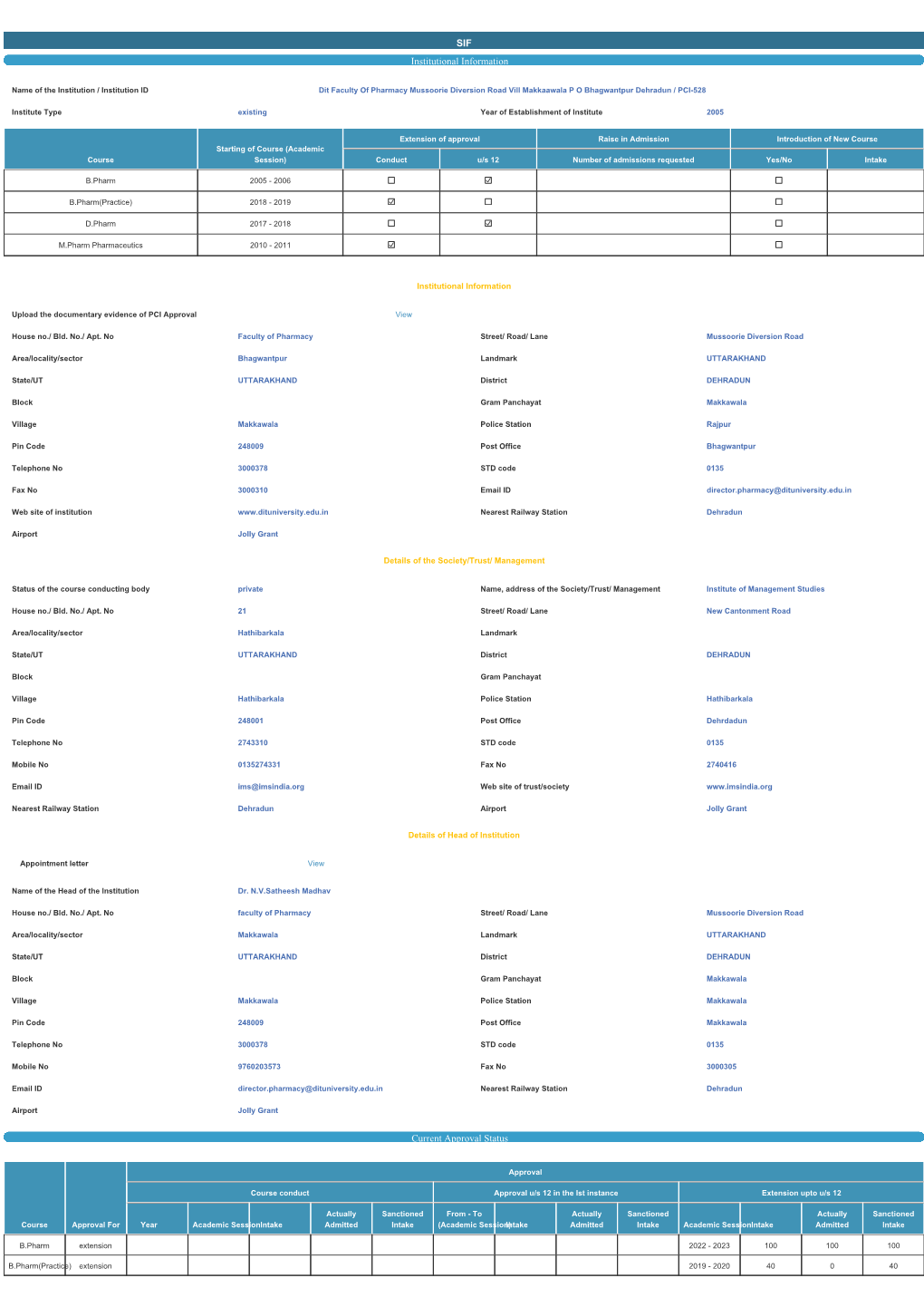 SIF Institutional Information