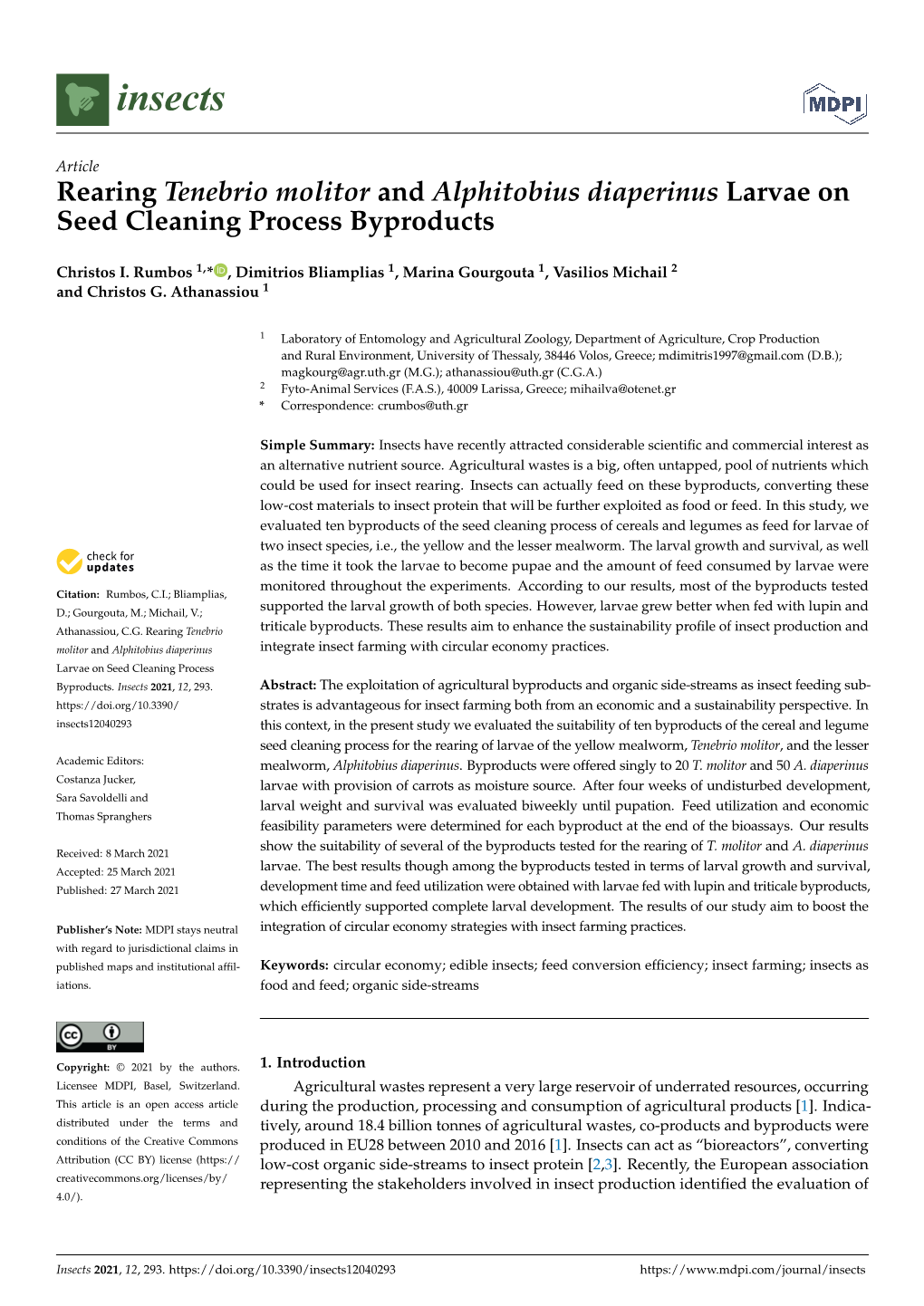 Rearing Tenebrio Molitor and Alphitobius Diaperinus Larvae on Seed Cleaning Process Byproducts
