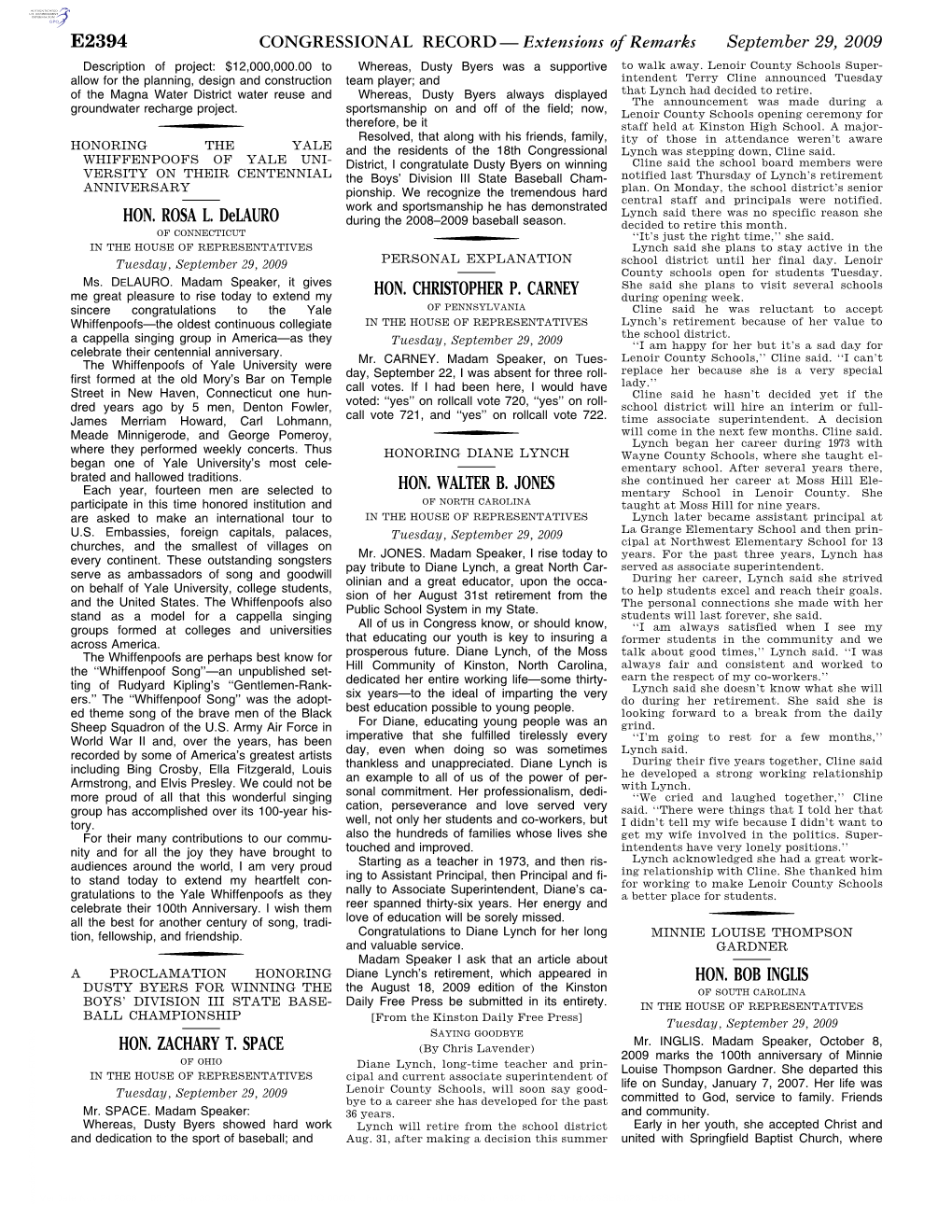 CONGRESSIONAL RECORD— Extensions of Remarks E2394 HON. ROSA L. Delauro HON. ZACHARY T. SPACE HON. CHRISTOPHER P. CARNEY HON. W