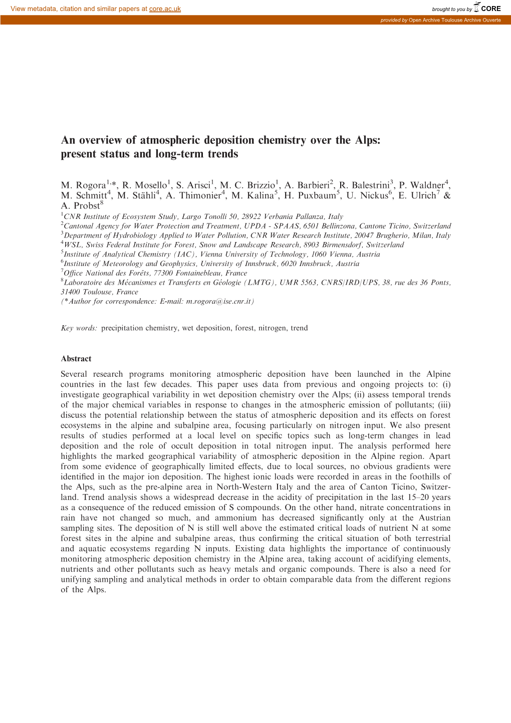 An Overview of Atmospheric Deposition Chemistry Over the Alps: Present Status and Long-Term Trends