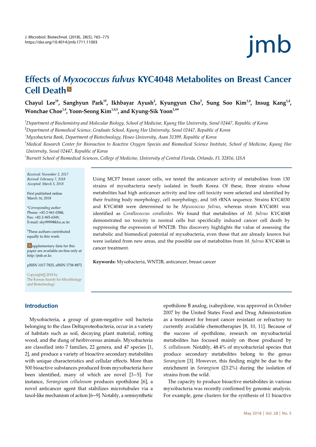 Effects of Myxococcus Fulvus KYC4048 Metabolites on Breast Cancer Cell Death