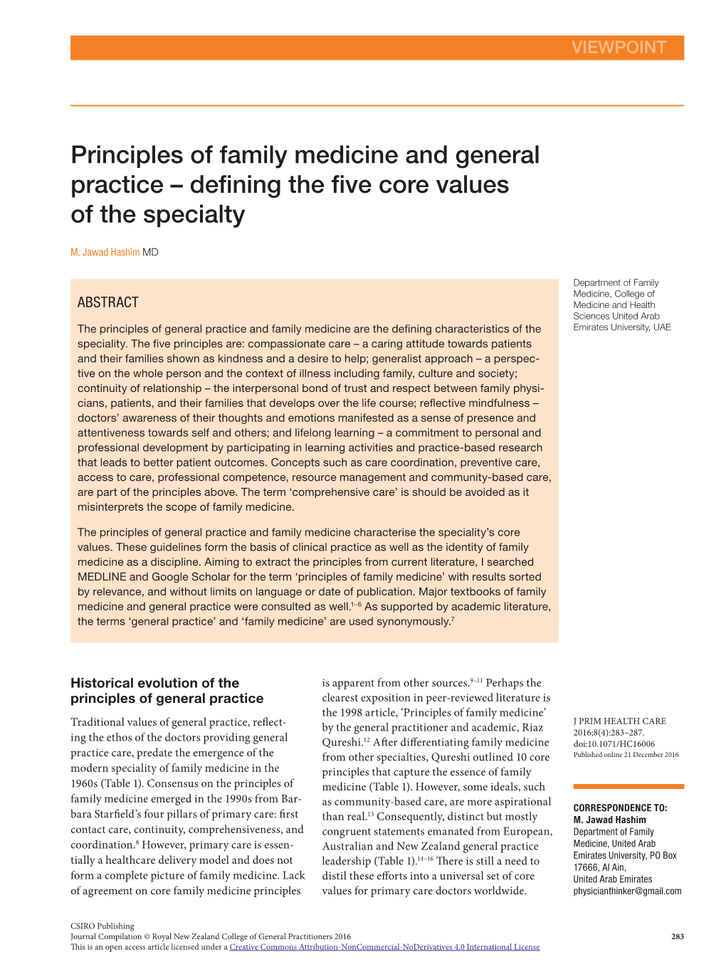 Principles of Family Medicine and General Practice – Defining the Five Core Values of the Specialty