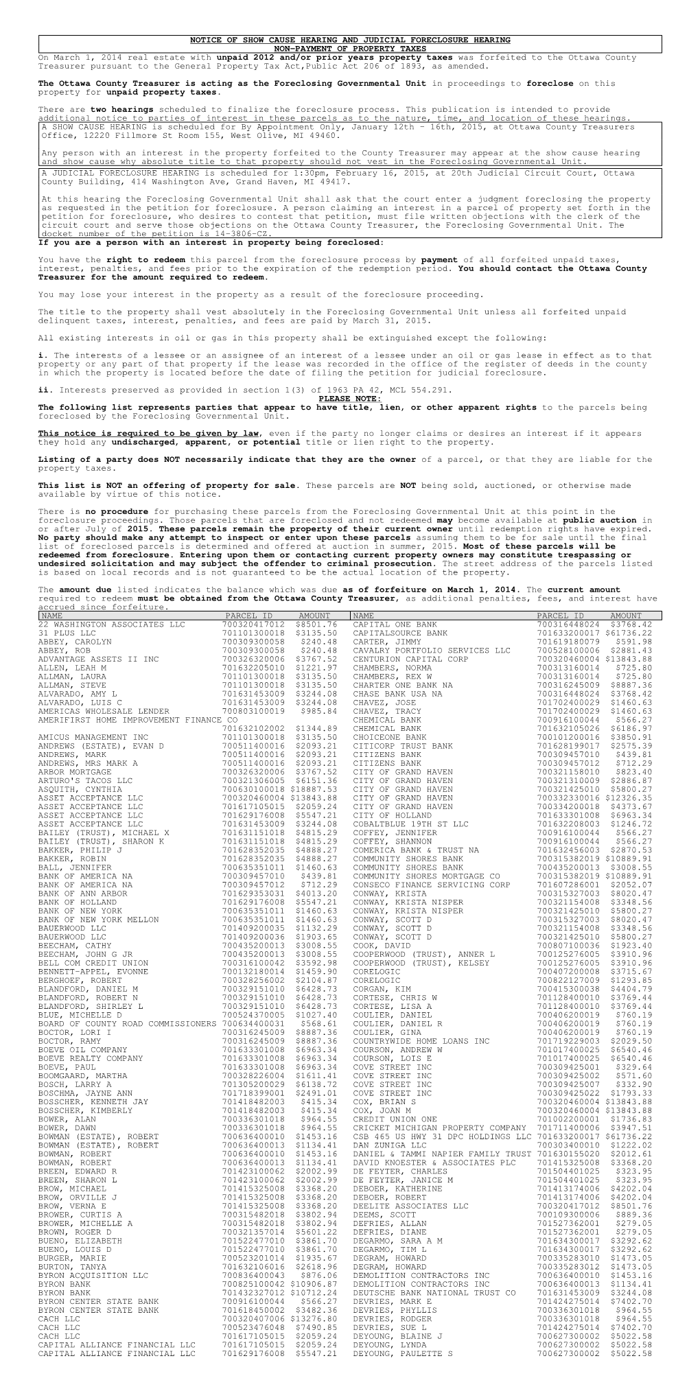 2014 Tax Foreclosure Notice