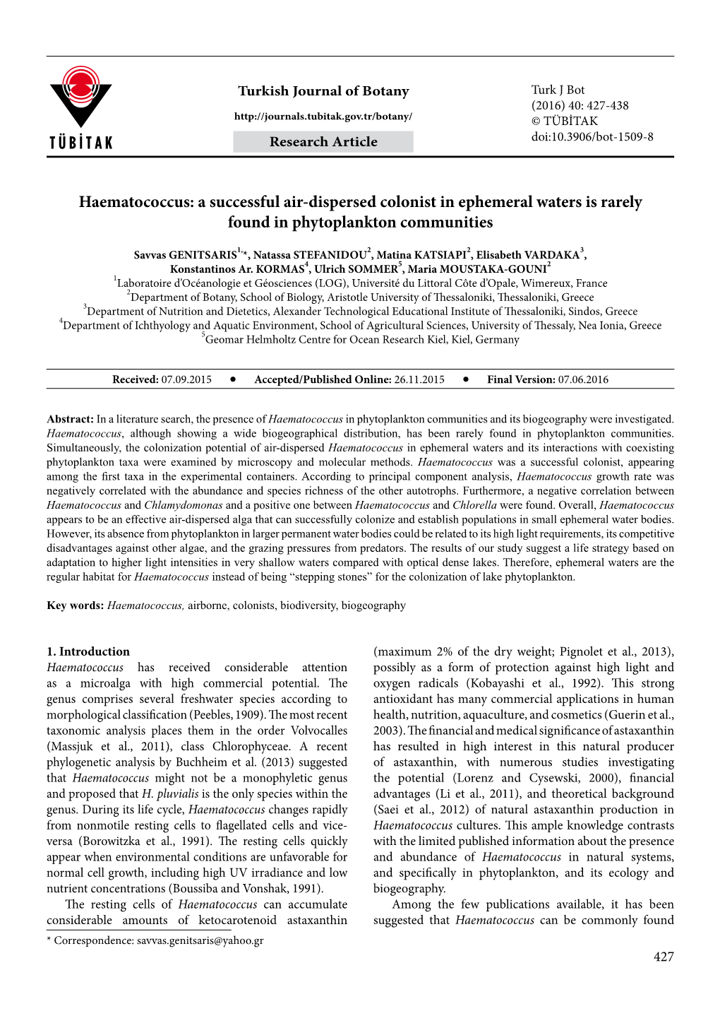 Haematococcus: a Successful Air-Dispersed Colonist in Ephemeral Waters Is Rarely Found in Phytoplankton Communities