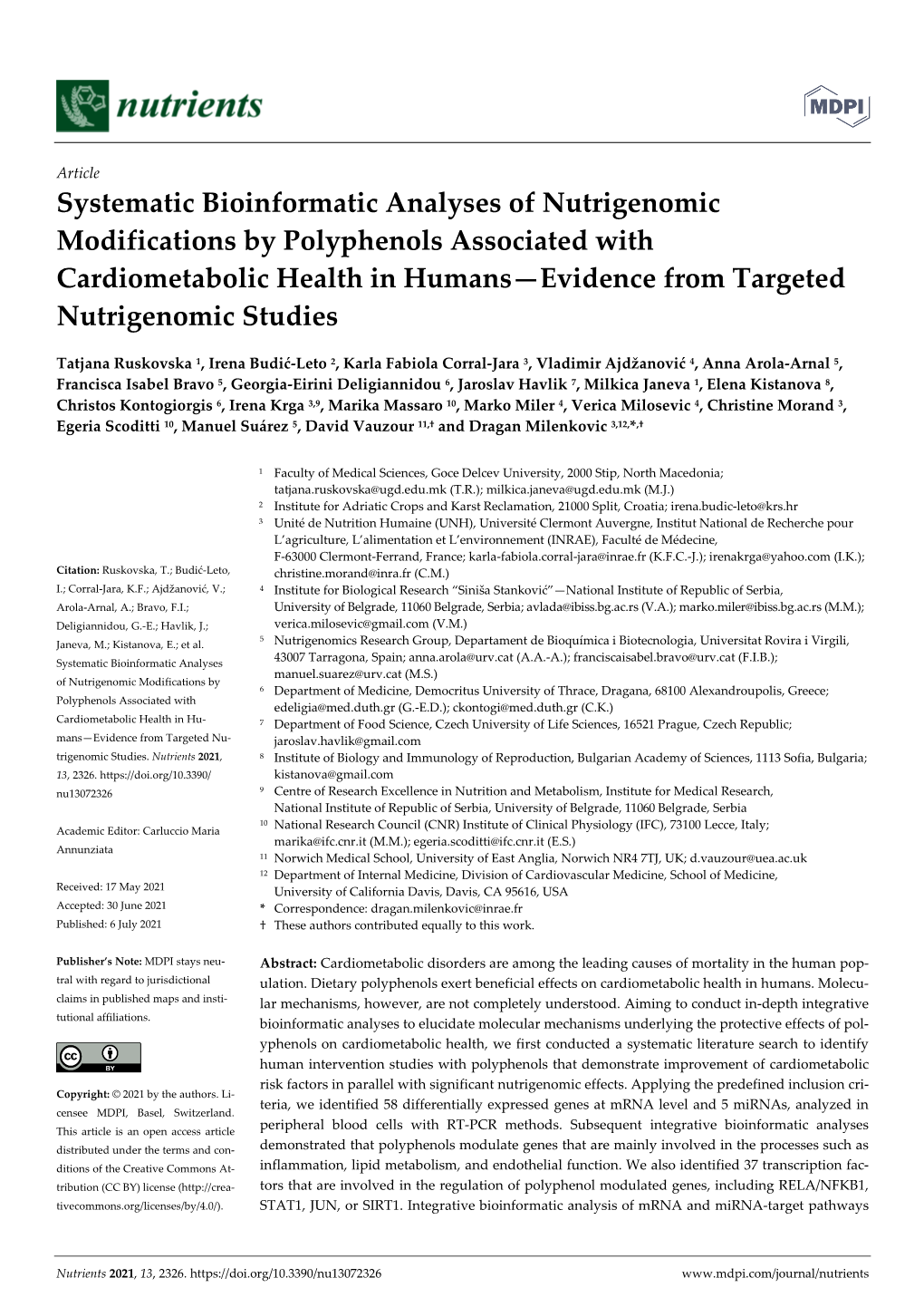 Systematic Bioinformatic Analyses of Nutrigenomic Modifications By