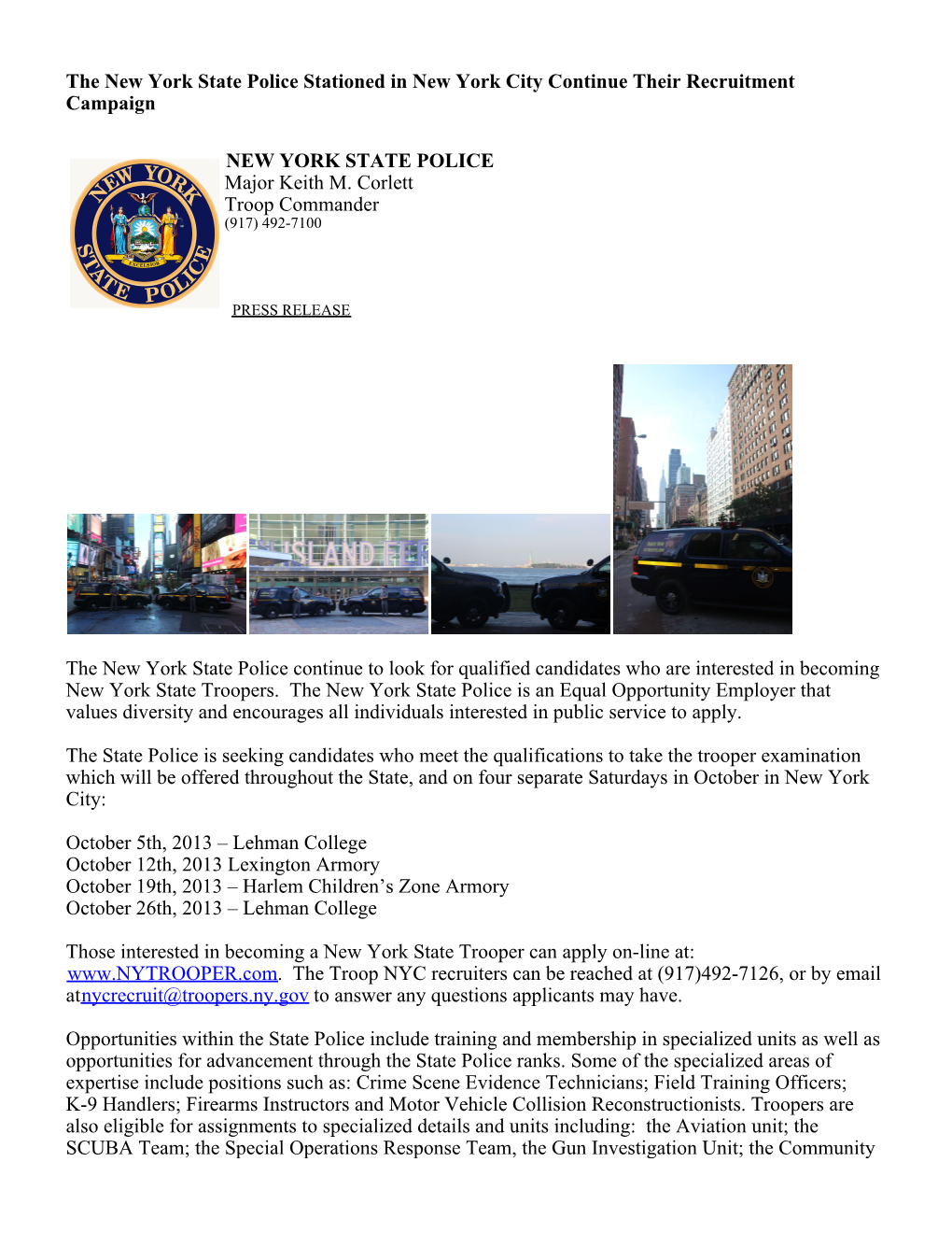 New York State Police Recruitment Press Release