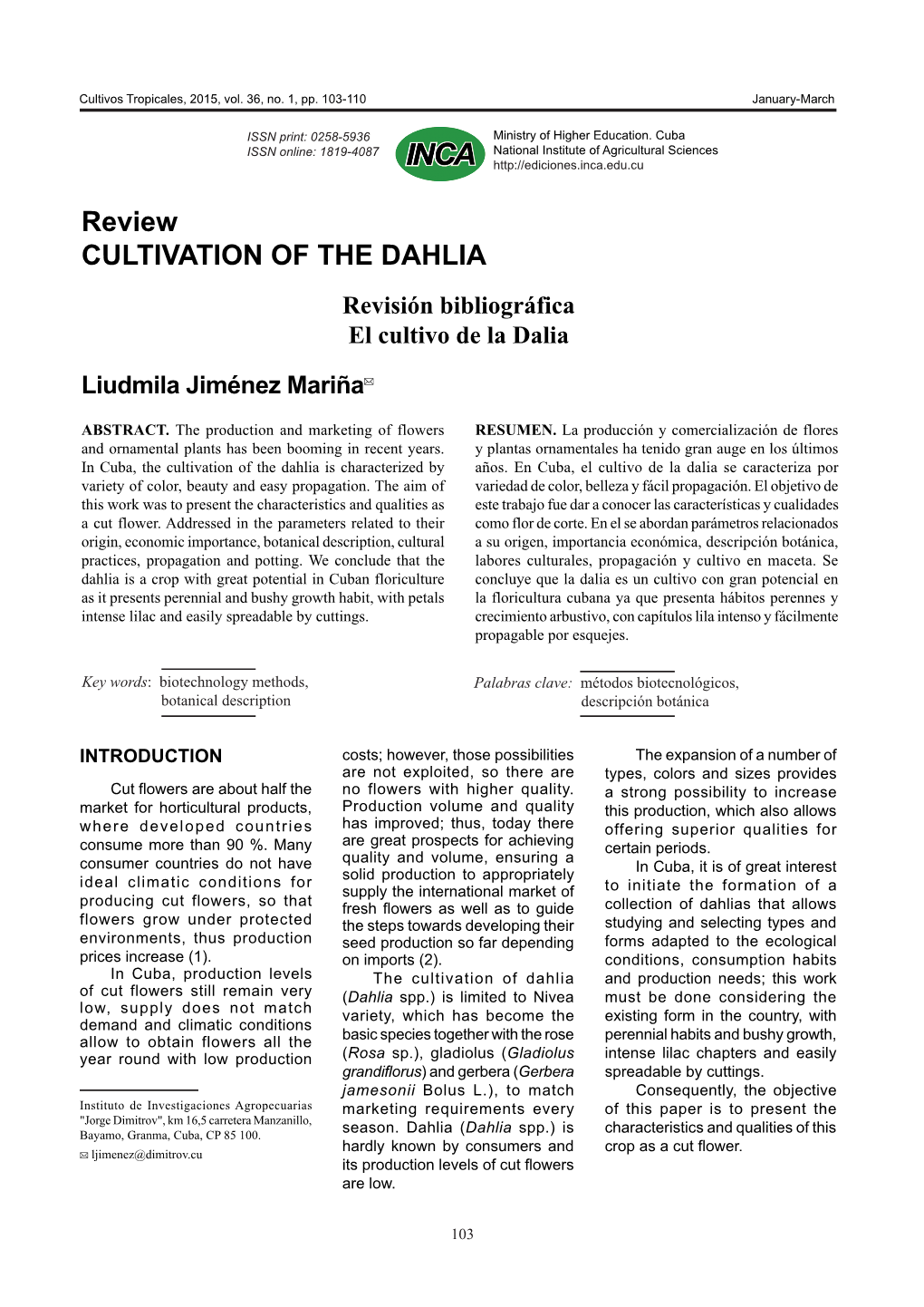 Review CULTIVATION of the DAHLIA Revisión Bibliográfica El Cultivo De La Dalia