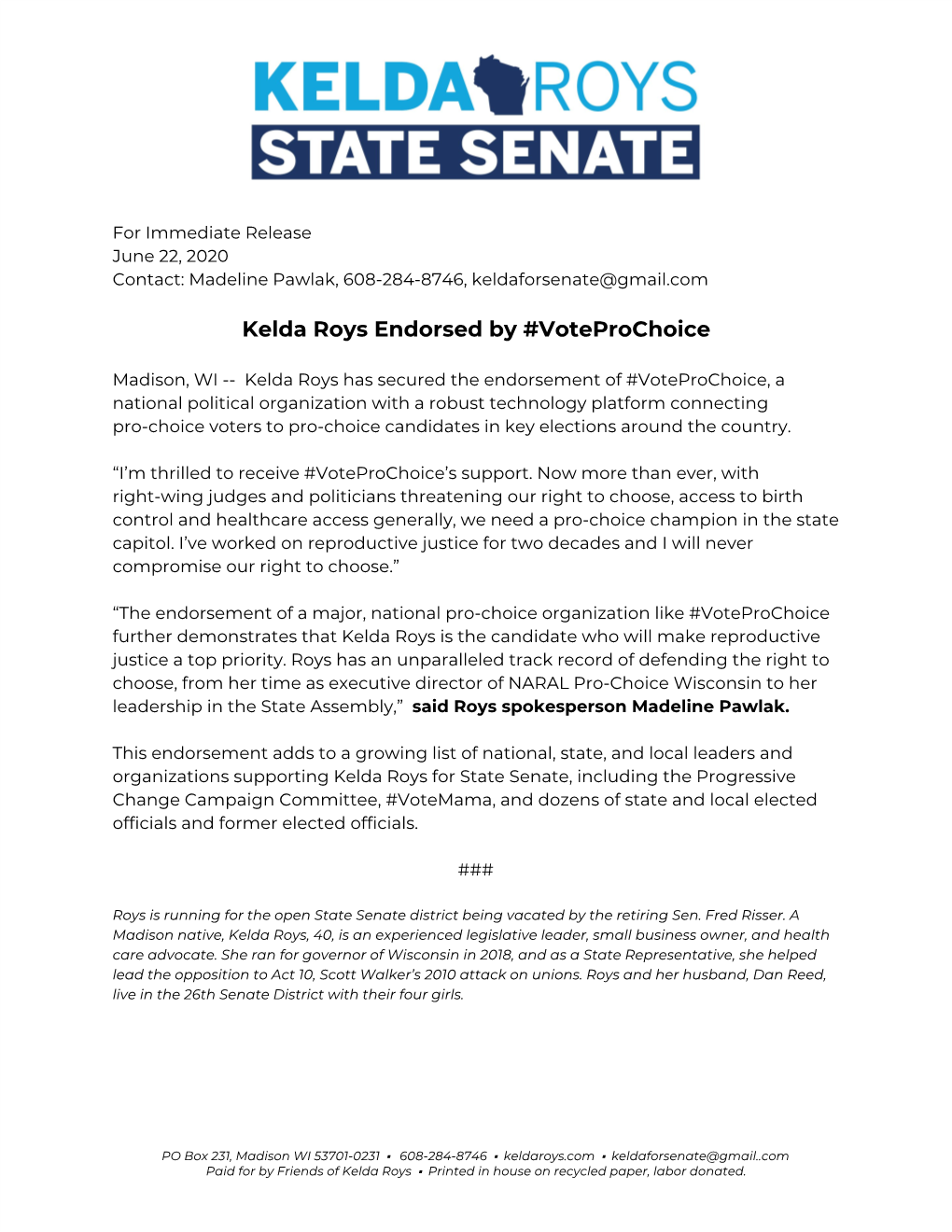 Kelda Roys Endorsed by #Voteprochoice
