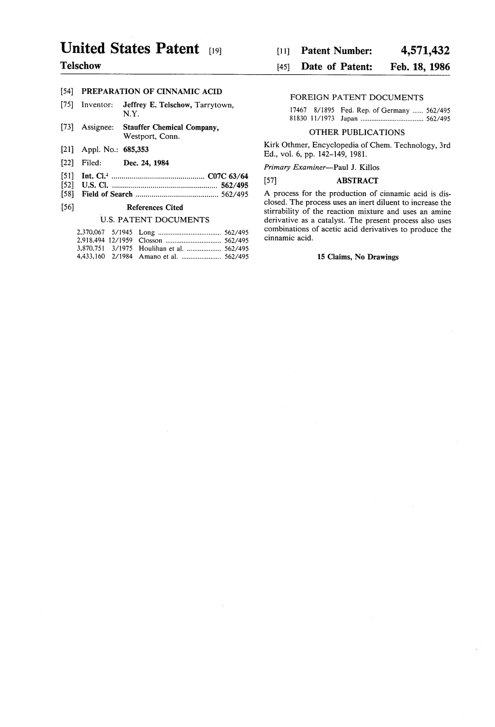 United States Patent (19) 11 Patent Number: 4,571,432 Telschow 45) Date of Patent: Feb