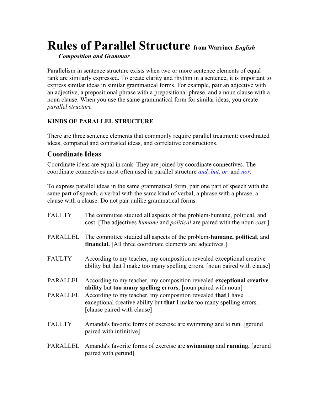 Rules Of Parallel Structure From Warriner English Composition And Grammar