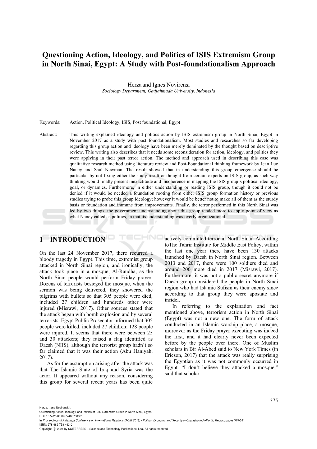 Questioning Action, Ideology, and Politics of ISIS Extremism Group in North Sinai, Egypt: a Study with Post-Foundationalism Approach