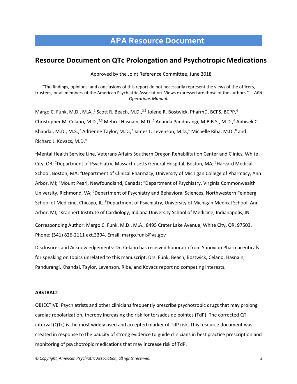 (APA) Resource Document on Qtc Prolongation and Psychotropic