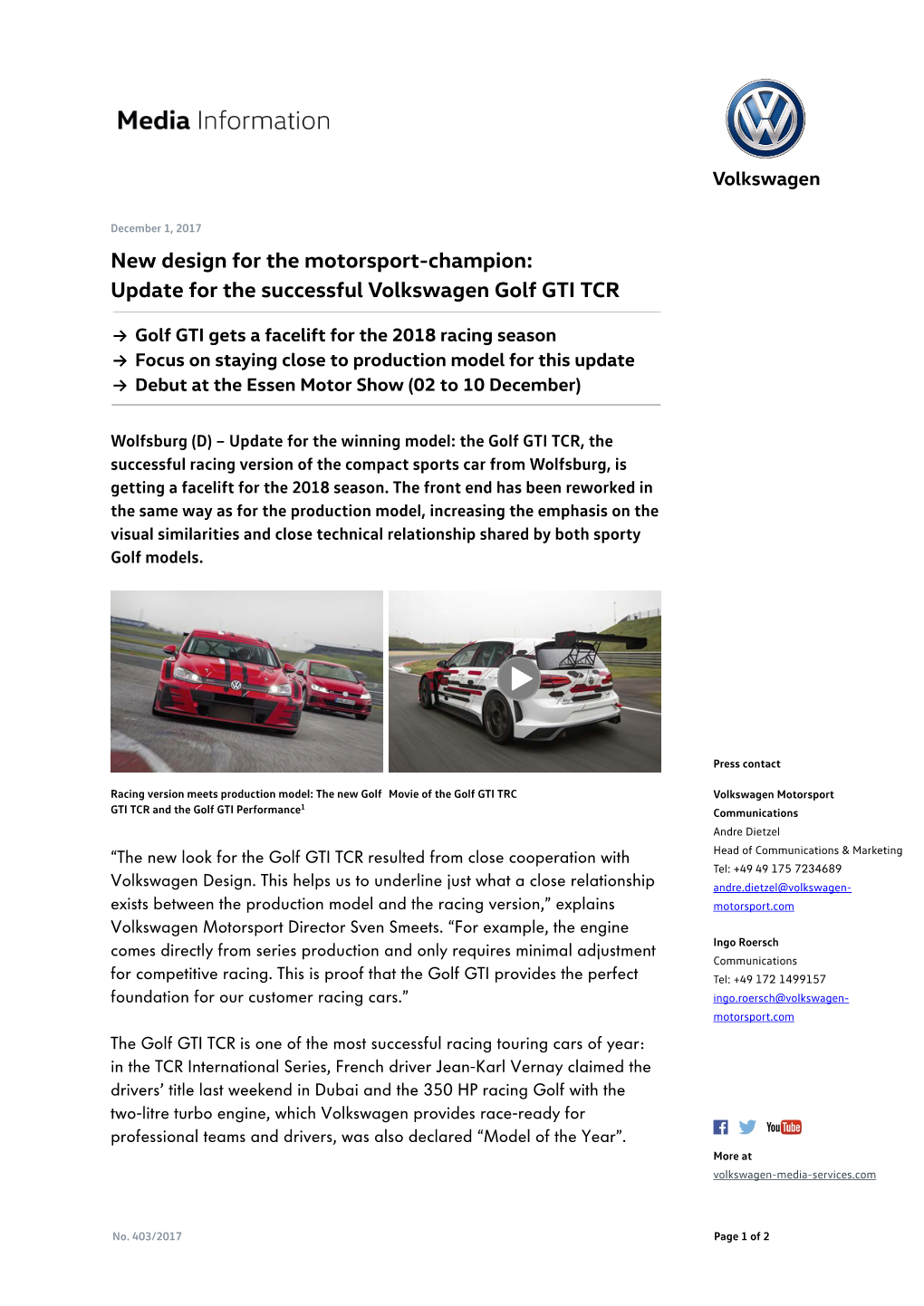 Update for the Successful Volkswagen Golf GTI TCR