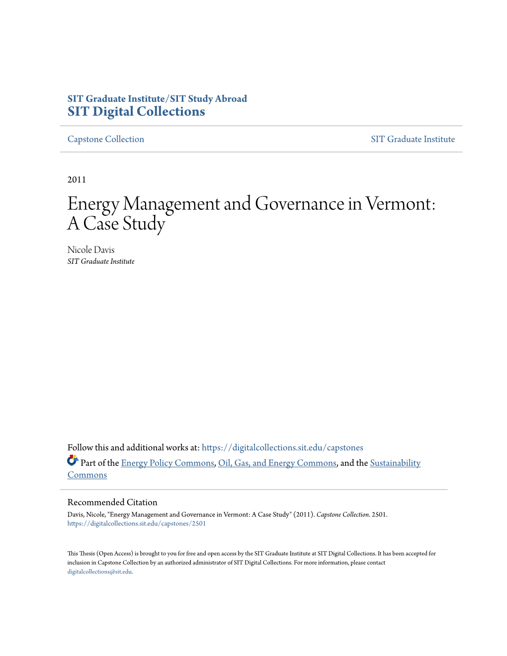 Energy Management and Governance in Vermont: a Case Study Nicole Davis SIT Graduate Institute