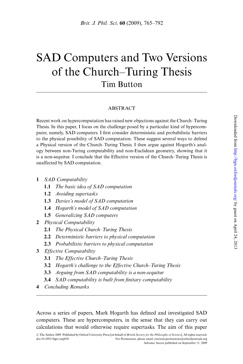 SAD Computers and Two Versions of the Church–Turing Thesis Tim Button