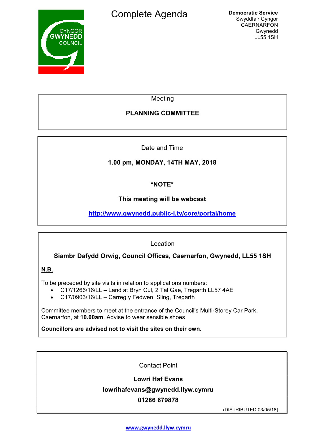 (Public Pack)Agenda Document for Planning Committee, 14/05/2018 13:00
