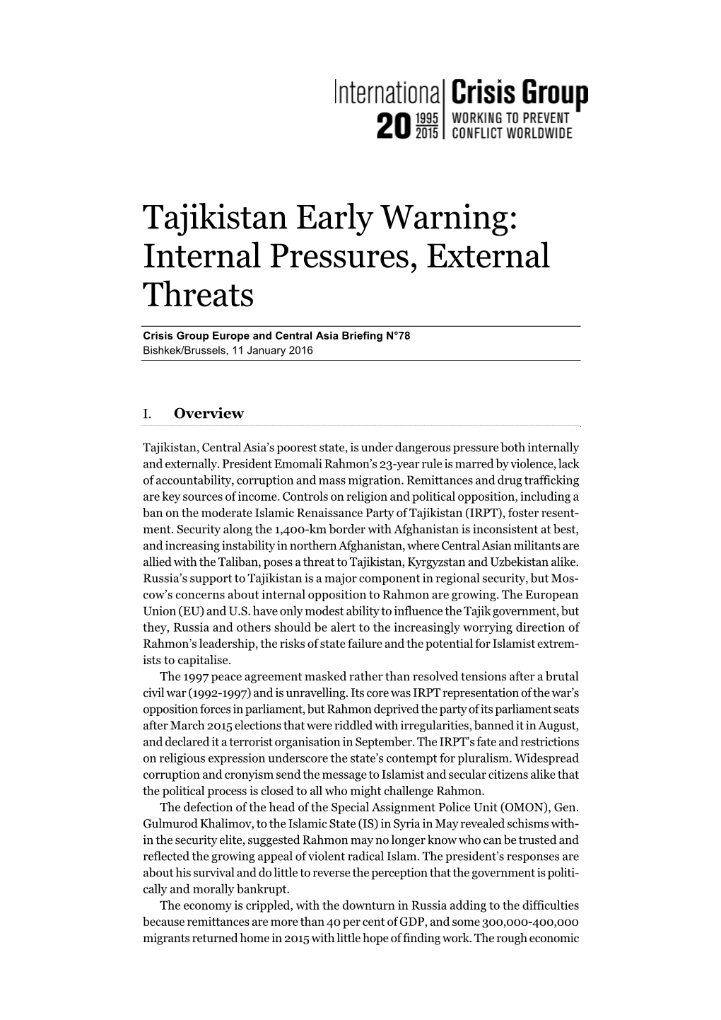 Tajikistan Early Warning: Internal Pressures, External Threats