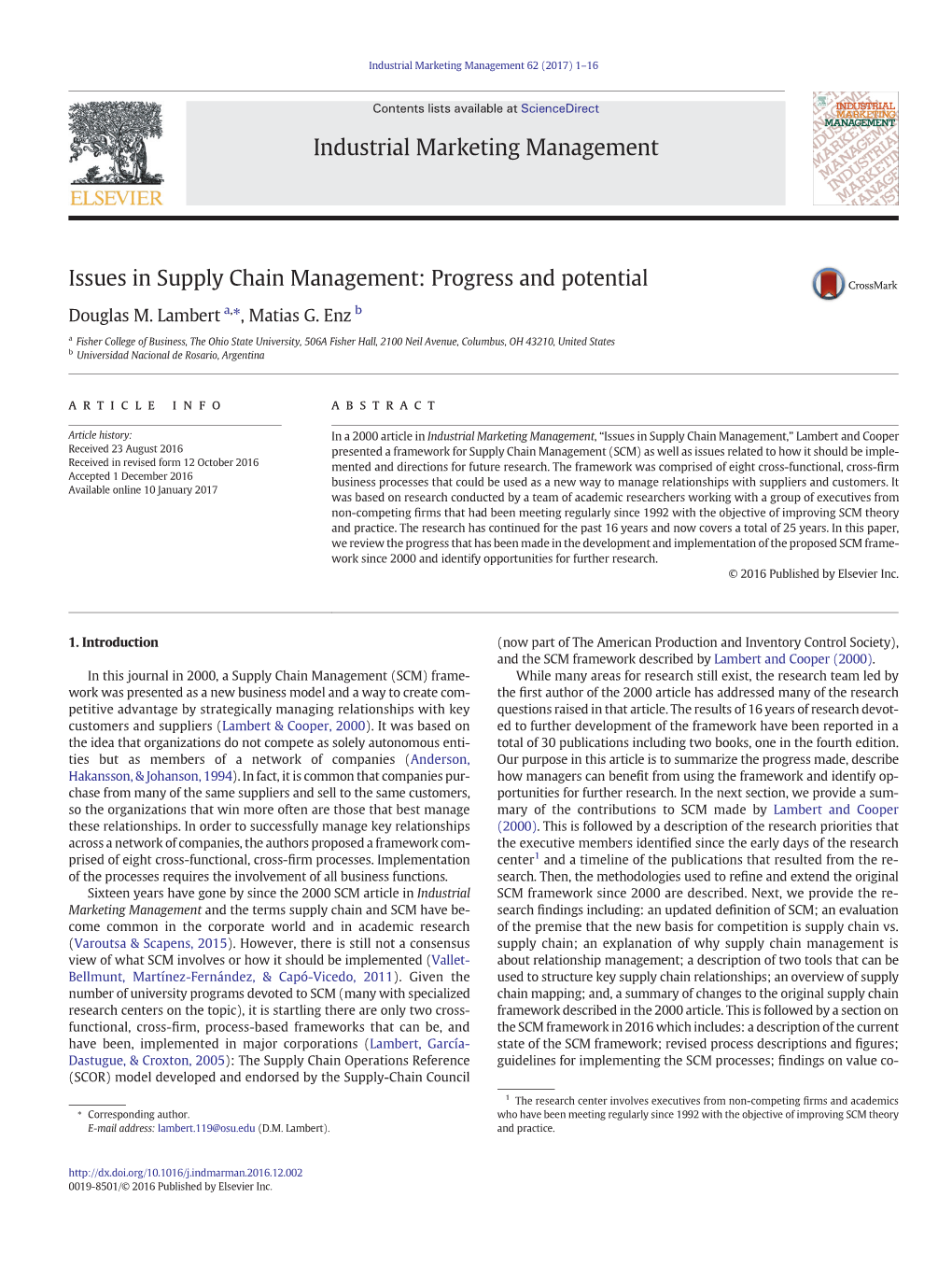 Issues in Supply Chain Management: Progress and Potential