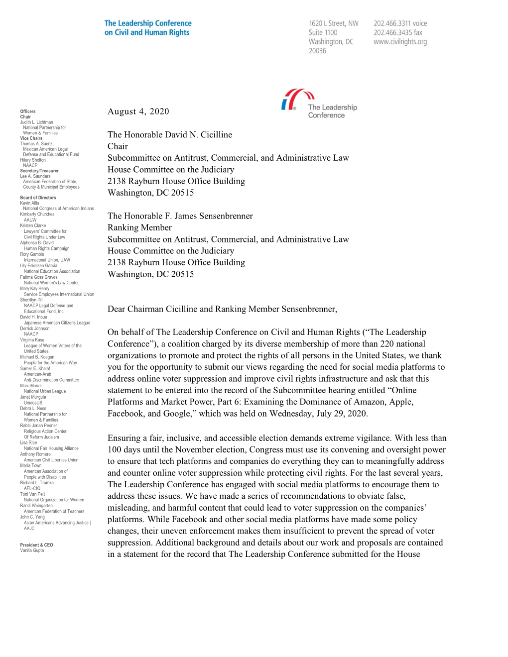 August 4, 2020 the Honorable David N. Cicilline Chair Subcommittee On