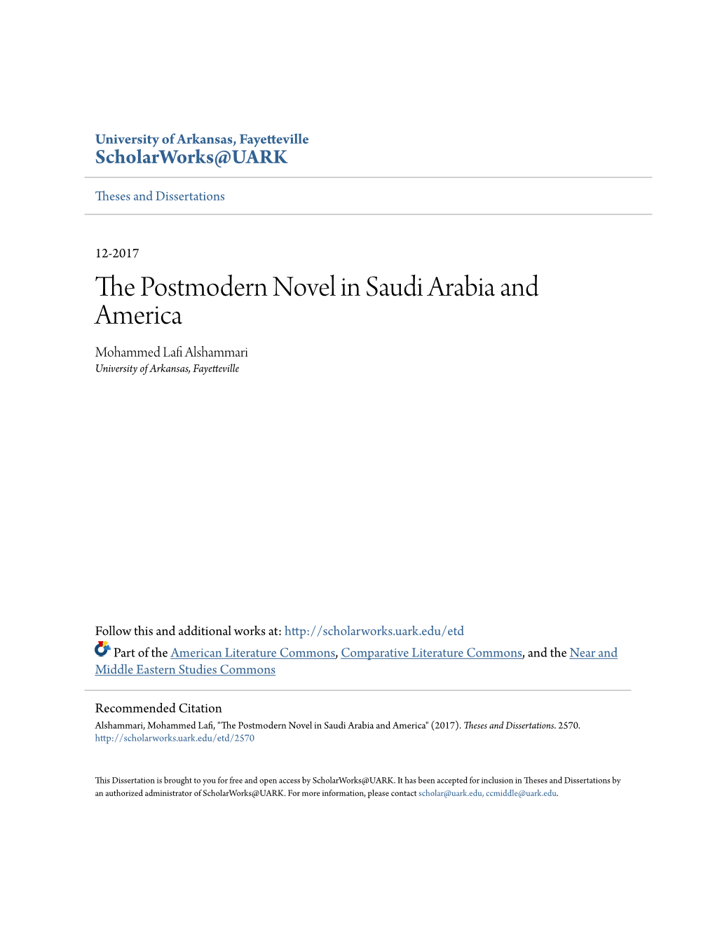 The Postmodern Novel in Saudi Arabia and America