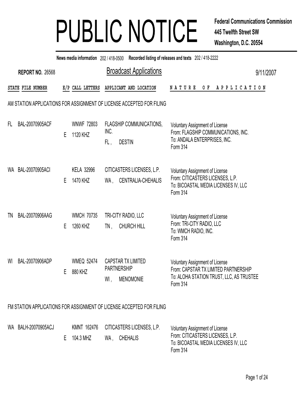 FCC Public Notice of Broadcast Applications