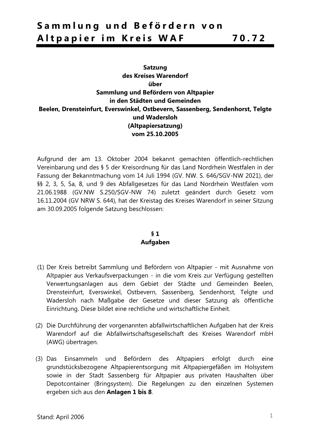 Sammlung Und Befördern Von Altpapier Im Kreis WAF 70.72