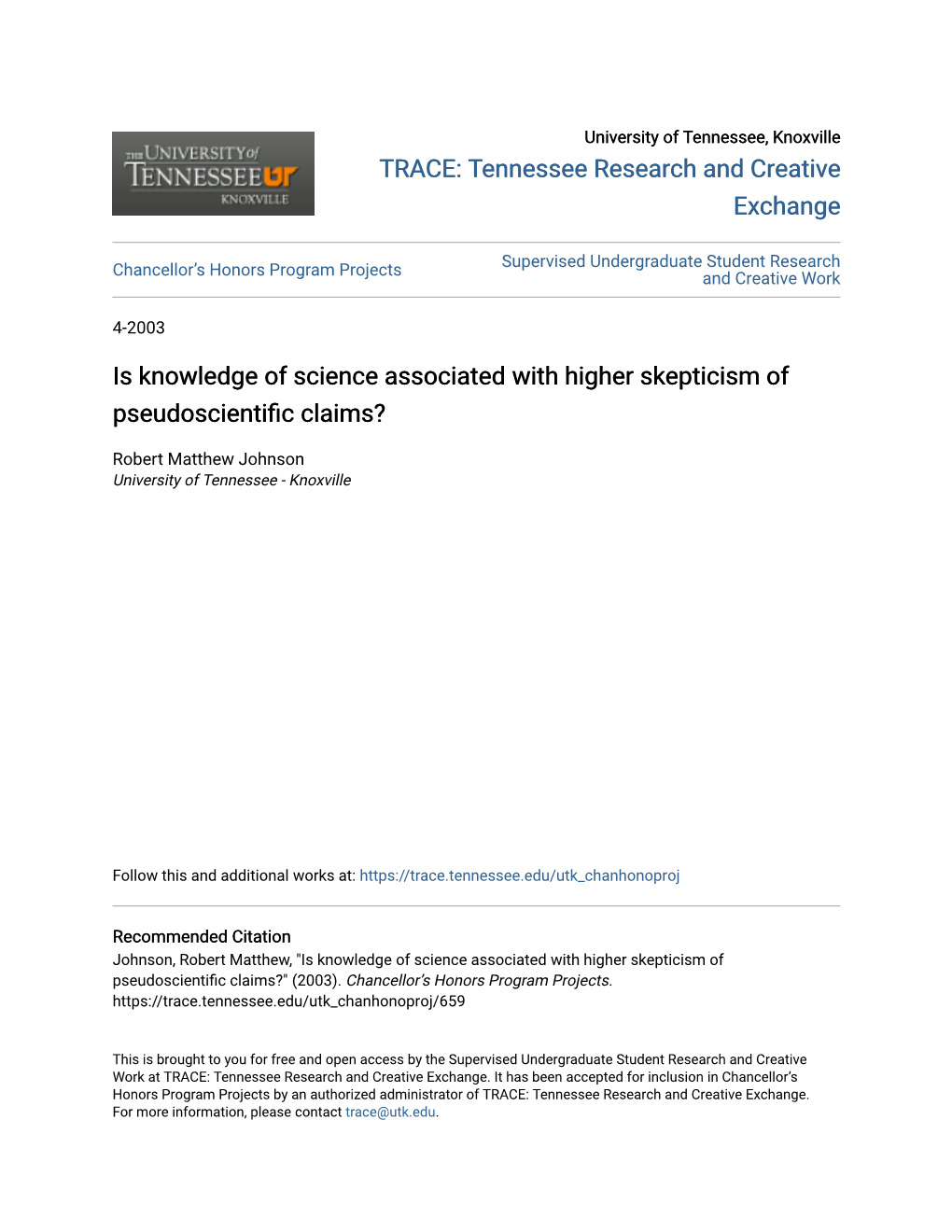 Is Knowledge of Science Associated with Higher Skepticism of Pseudoscientific Claims?