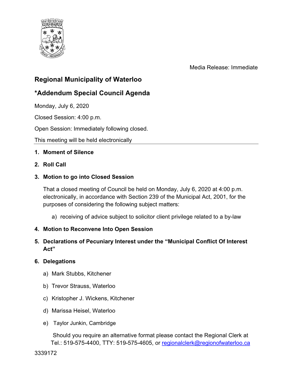 Addendum Special Council Agenda