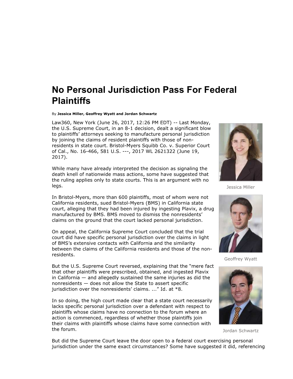 No Personal Jurisdiction Pass for Federal Plaintiffs