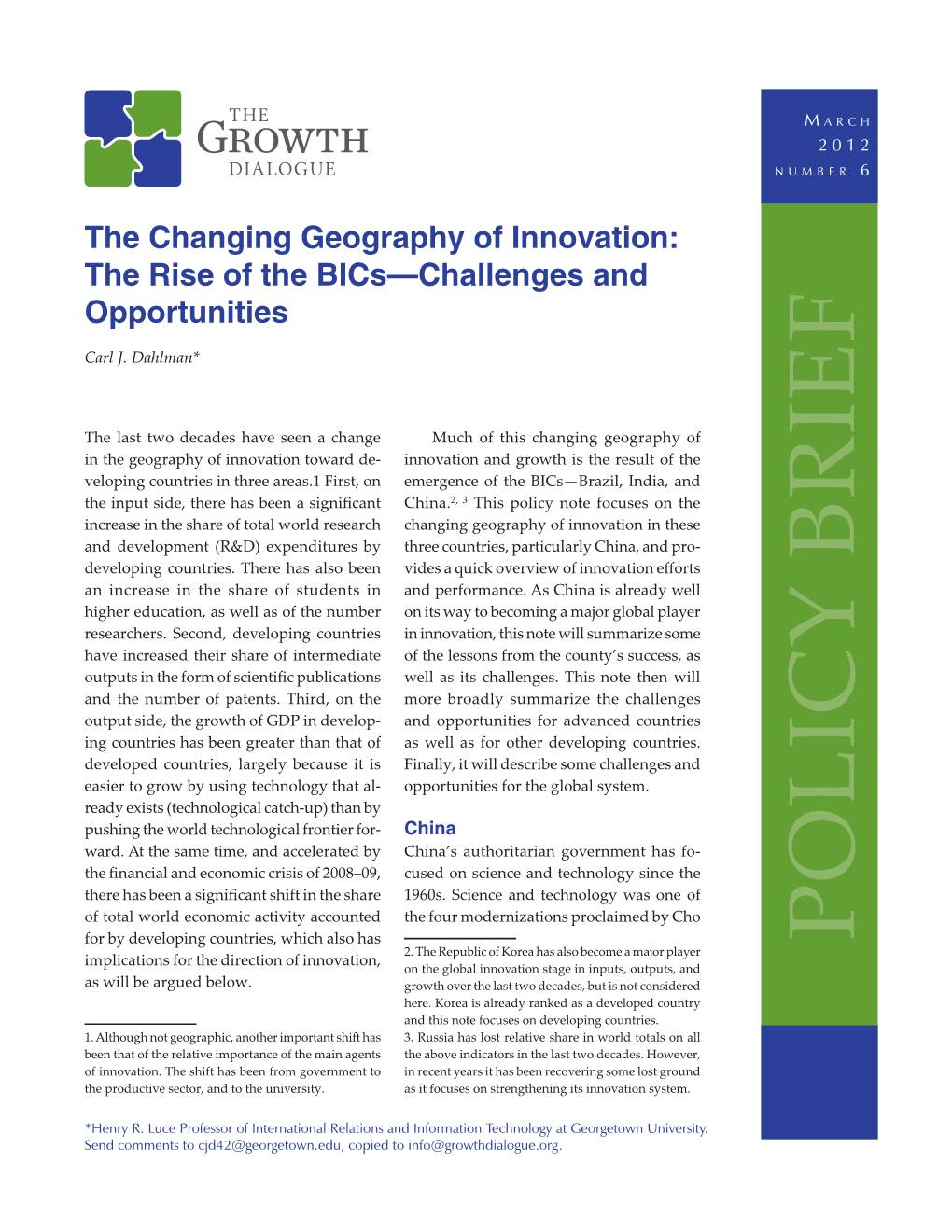 Policy Brief: the Changing Geography of Innovation