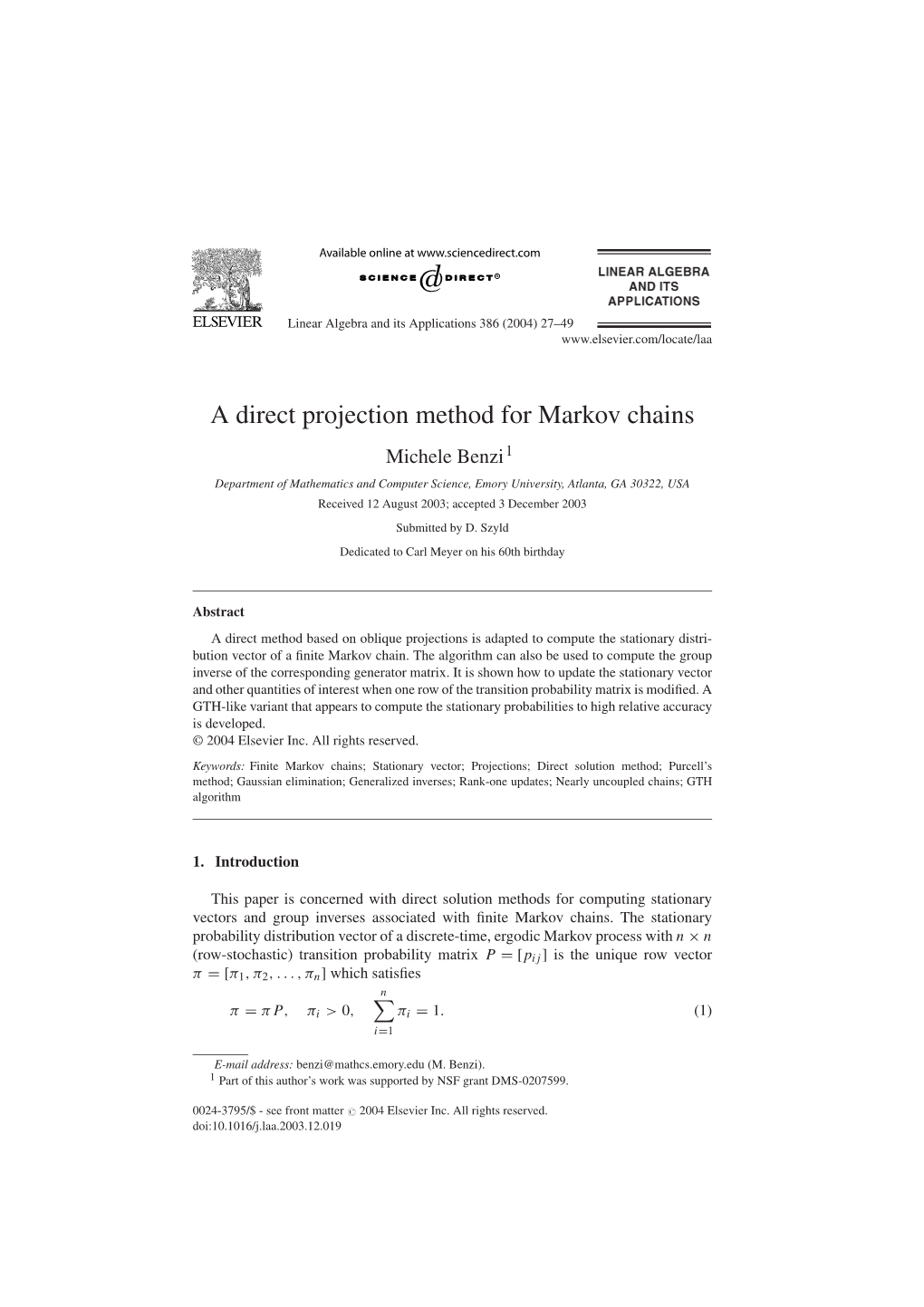 A Direct Projection Method for Markov Chains