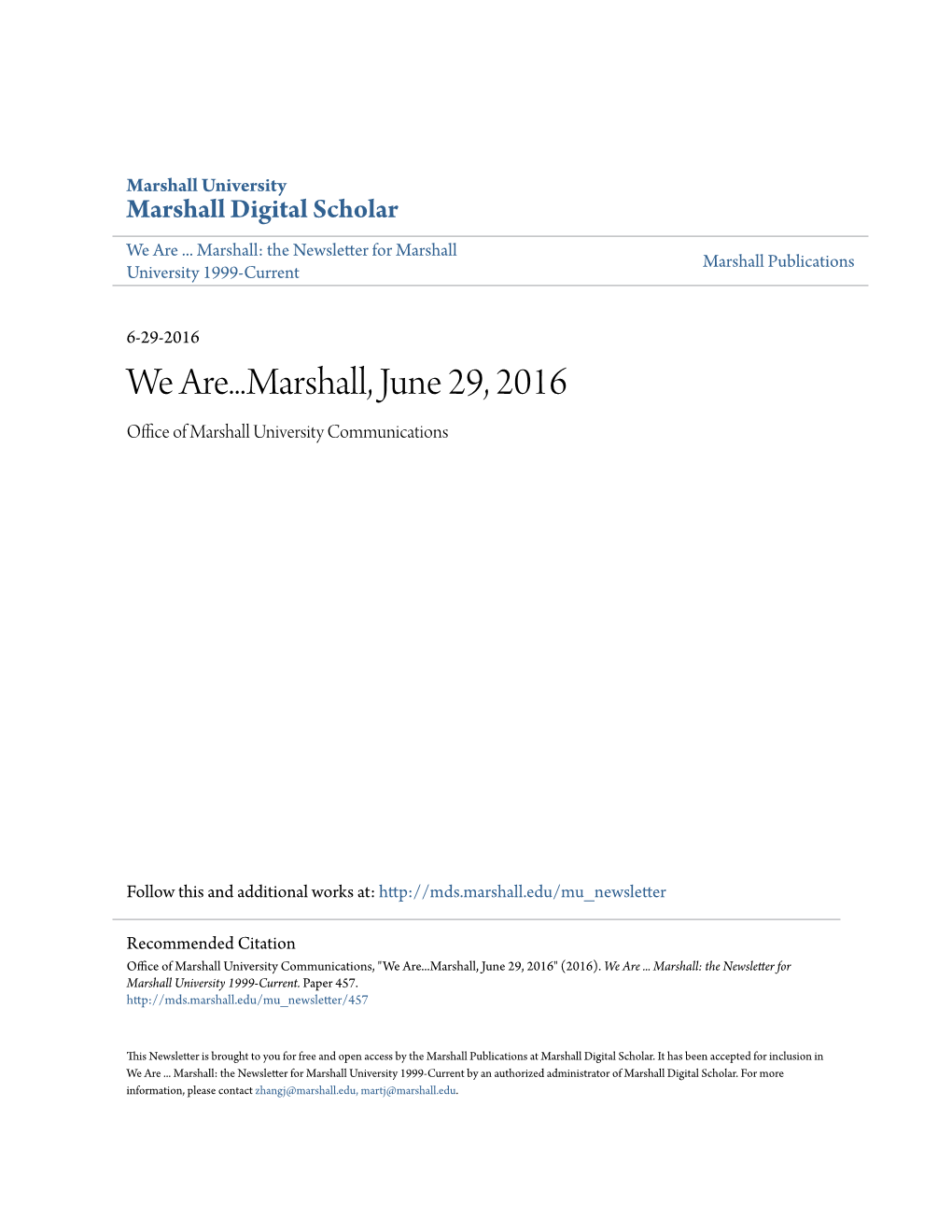 We Are...Marshall, June 29, 2016 Office Ofa M Rshall University Communications