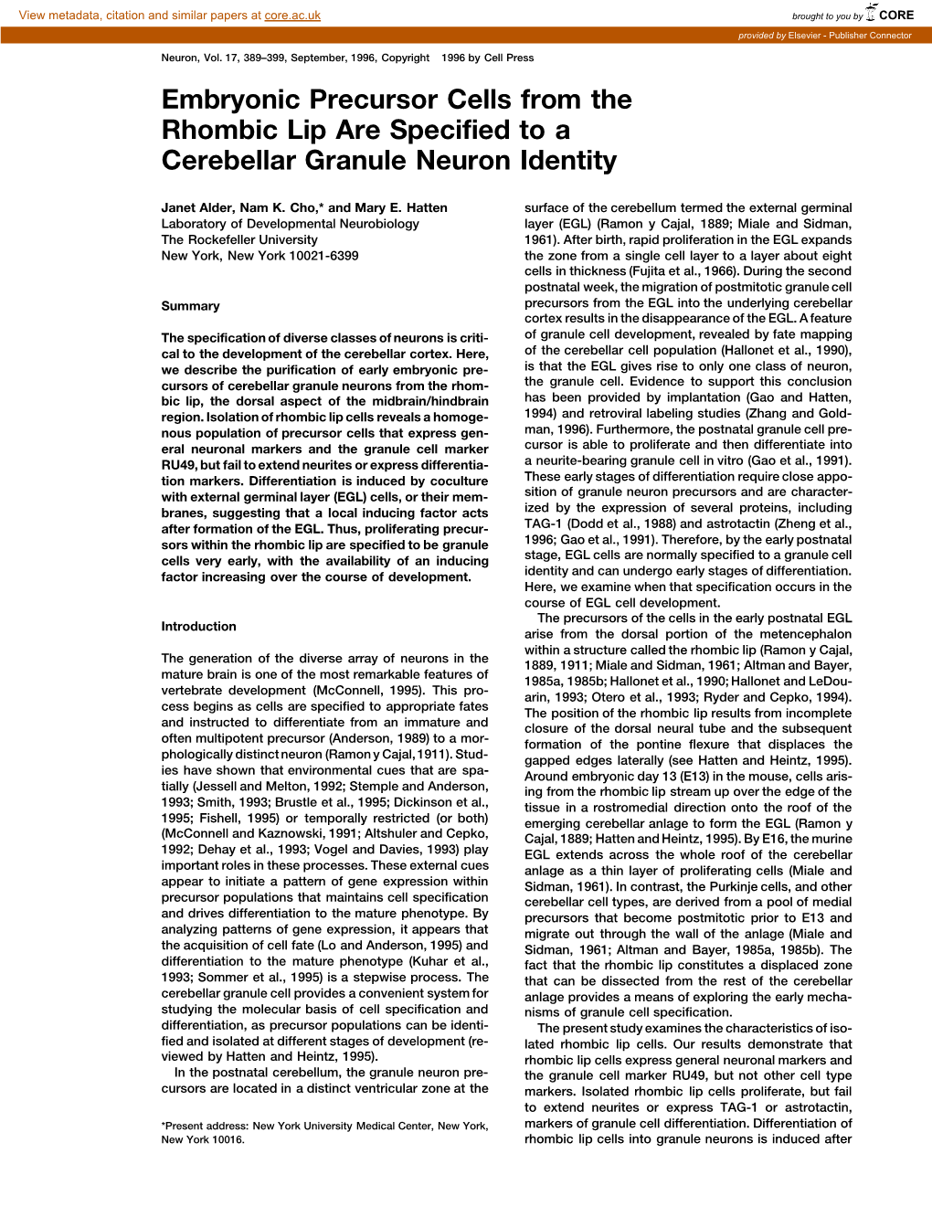 Embryonic Precursor Cells from the Rhombic Lip Are Specified to a Cerebellar Granule Neuron Identity