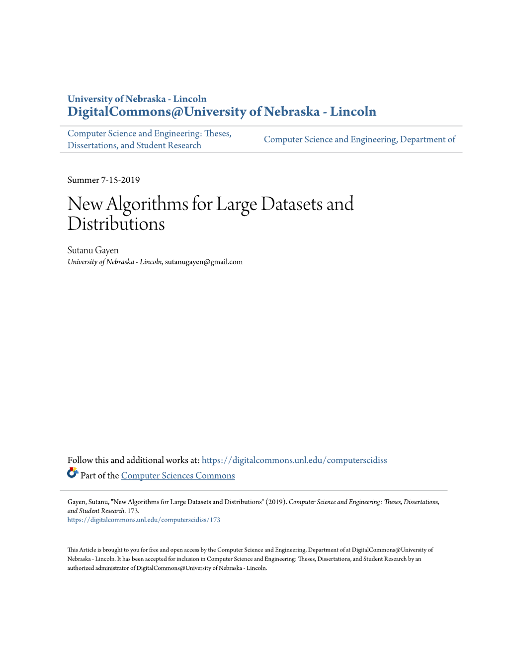 New Algorithms for Large Datasets and Distributions Sutanu Gayen University of Nebraska - Lincoln, Sutanugayen@Gmail.Com