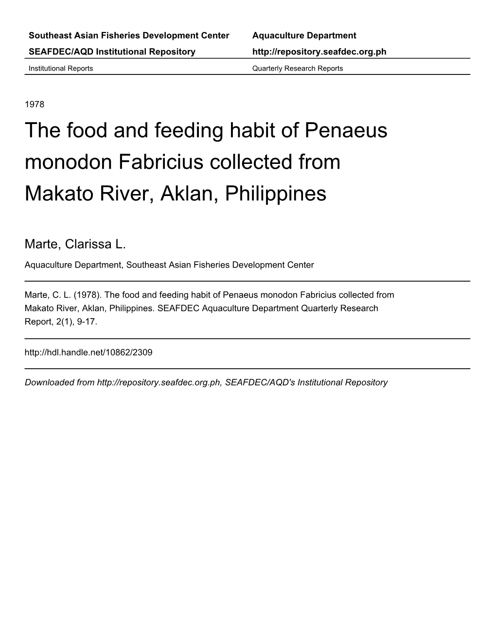 The Food and Feeding Habit of Penaeus Monodon Fabricius Collected from Makato River, Aklan, Philippines