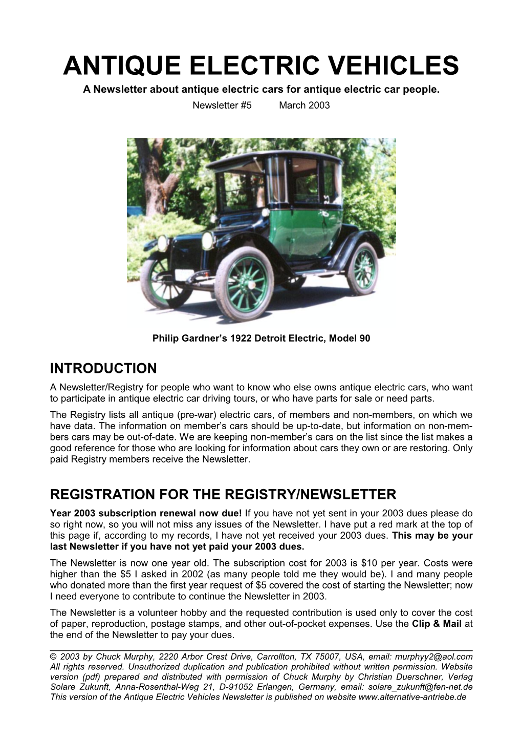 ANTIQUE ELECTRIC VEHICLES a Newsletter About Antique Electric Cars for Antique Electric Car People
