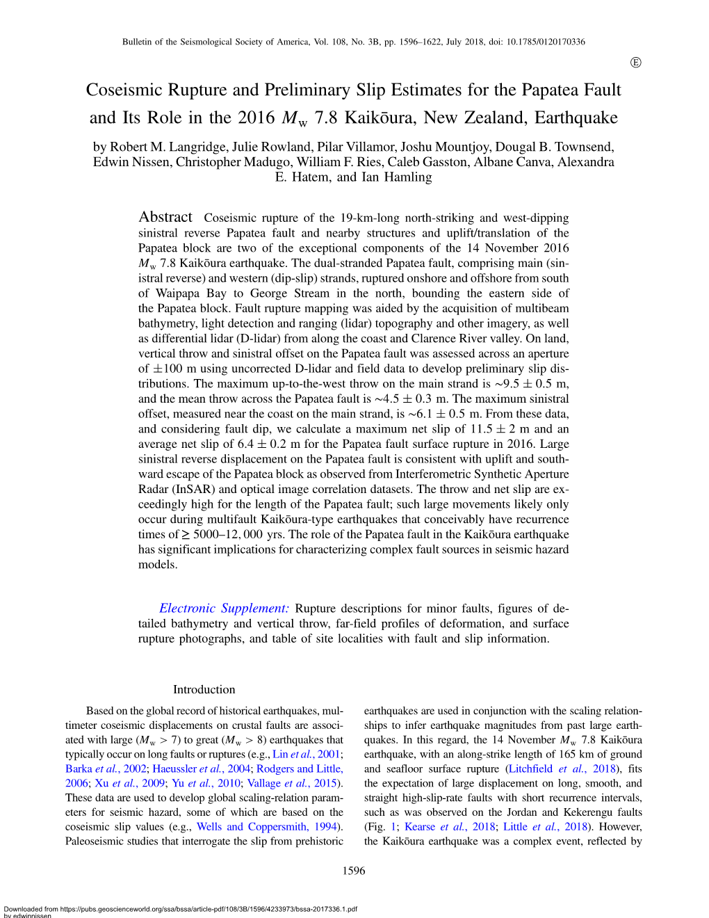 Coseismic Rupture and Preliminary Slip Estimates for the Papatea Fault and Its Role in the 2016 Mw 7.8 Kaikōura, New Zealand, E